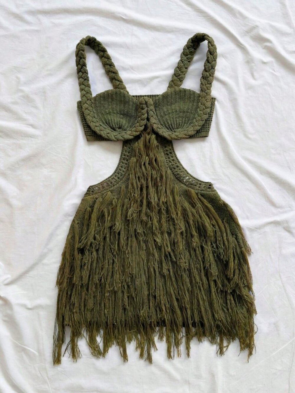 Army Green Sexy Women's Spaghetti Strap Braided Mini Dress - Festival Outfit - Picture 4 of 7